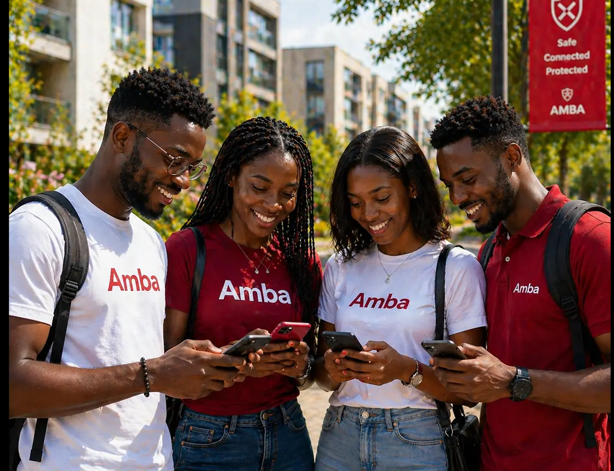 Young people using AMBA app together